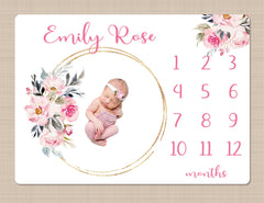 Floral Milestone Blanket, Pink Magenta Watercolor Flowers Monthly Milestone Blanket Newborn Baby Girl Name Baby Shower Gift B1557