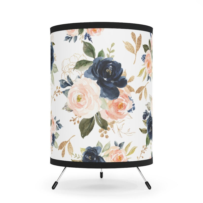 Floral Tripod Table Lamp, Navy Blue Blush Pink Gold Watercolor Flowers Nursery Decor Girl Bedroom Decor Living Room Table Lamp