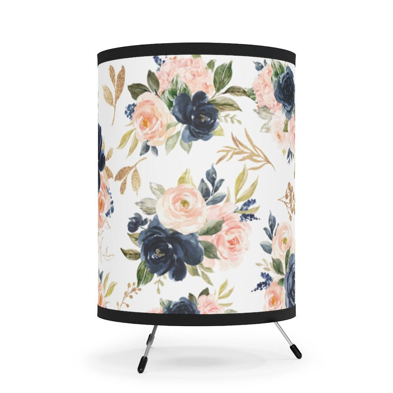 Floral Tripod Table Lamp, Navy Blue Blush Pink Gold Watercolor Flowers Nursery Decor Girl Bedroom Decor Living Room Table Lamp