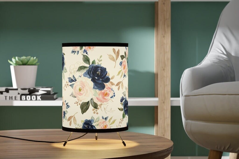 Floral Tripod Table Lamp, Navy Blue Blush Pink Gold Watercolor Flowers Nursery Decor Girl Bedroom Decor Living Room Table Lamp