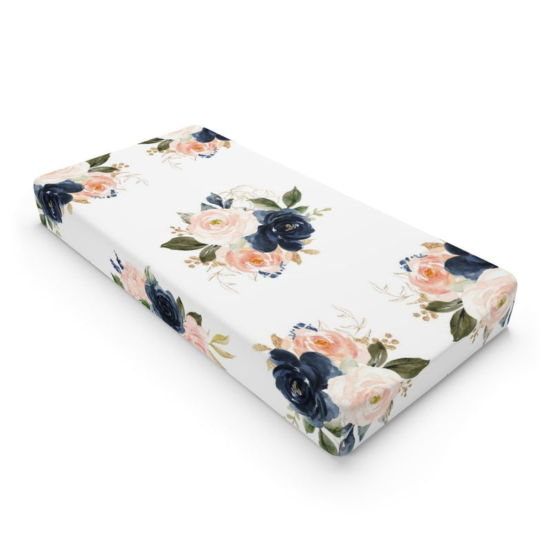 Floral Changing Pad Cover, Watercolor Navy Blush Pink Flowers, Baby Shower Gift  C137