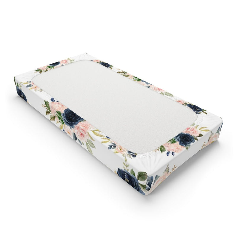 Floral Changing Pad Cover, Watercolor Navy Blush Pink Flowers, Baby Shower Gift  C137