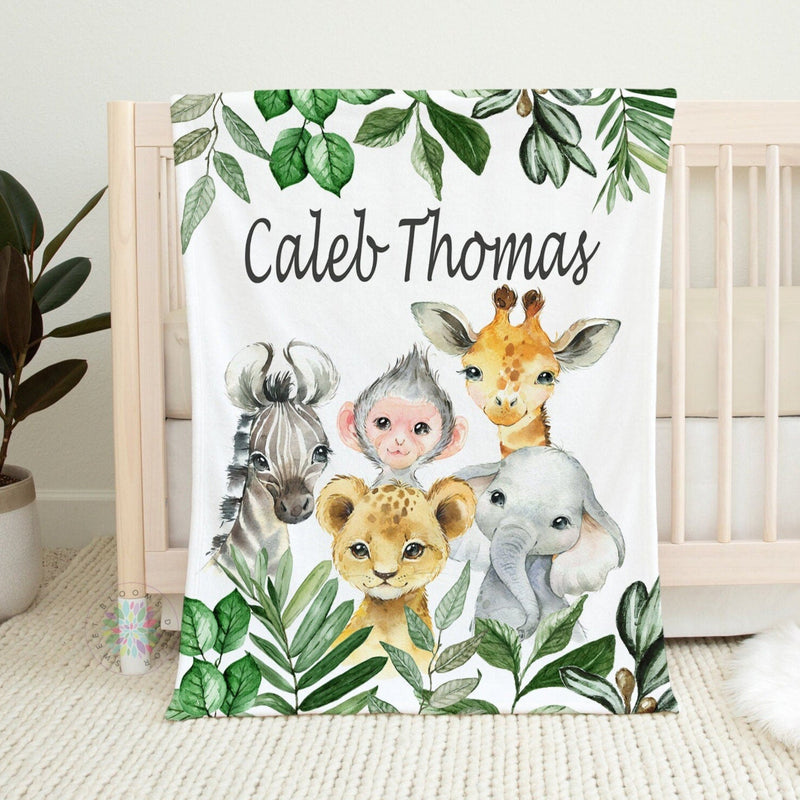 Safari Animals Baby Boy Name Blanket, Jungle Greenery Leaves Forest Personalized Blanket Newborn Baby Shower Gift  Crib Blanket B1564