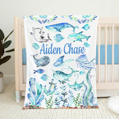 Sea Animals Baby Boy Name Blanket, Personalized Under The Sea Watercolor Blue Green Whale Shark Fish Ocean Baby Shower Gift B1560