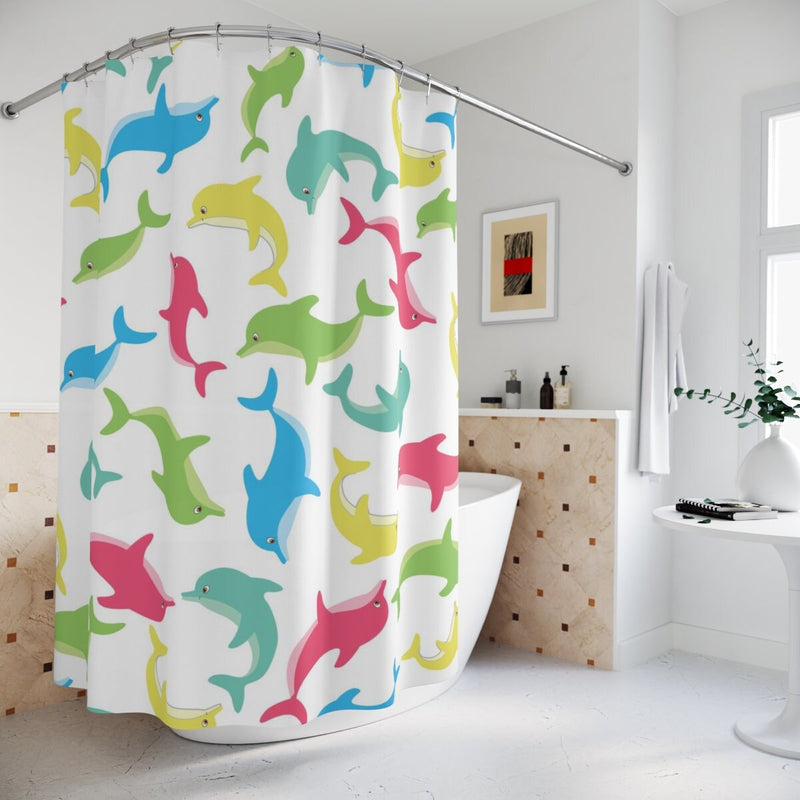 Dolphins Kids Shower Curtains, Sea Animals Fish Girl Boy Siblings Bathroom Curtain Bath Mat P130