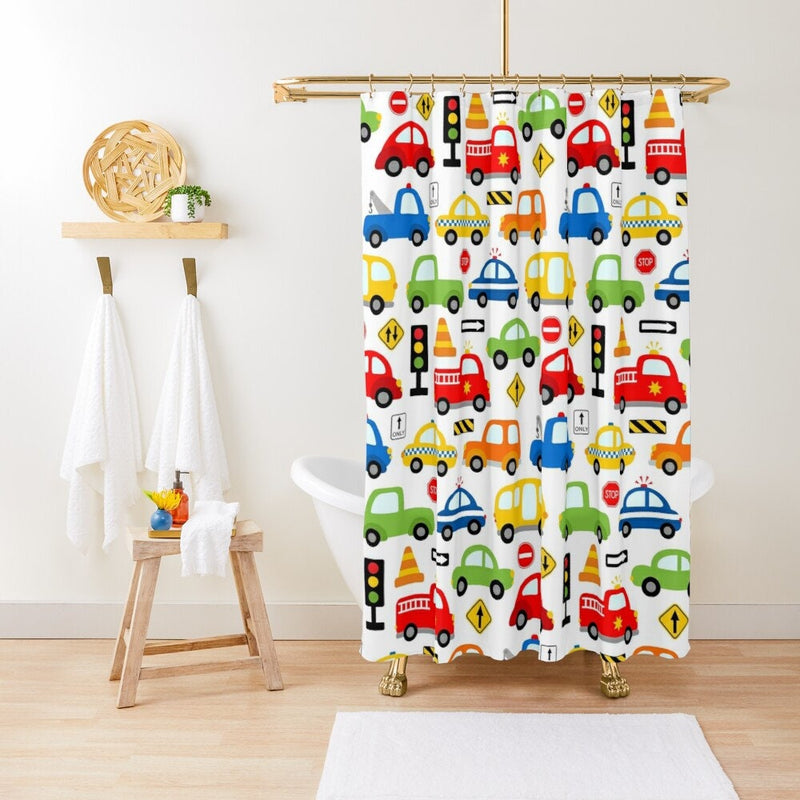 Transportation Kids Shower Curtain, Cars Trucks Traffic Signs Construction Bathroom Decor Siblings Brothers Bath Mat Bath Accessories S192