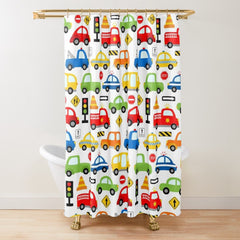 Transportation Kids Shower Curtain, Cars Trucks Traffic Signs Construction Bathroom Decor Siblings Brothers Bath Mat Bath Accessories S192