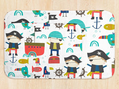 Pirates Kids Shower Curtain, Pirate Ship Treasure Parot  Shower Bathroom  Bath Mat Brothers Siblings Bathroom S200