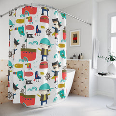 Pirates Kids Shower Curtain, Pirate Ship Treasure Parot  Shower Bathroom  Bath Mat Brothers Siblings Bathroom S200