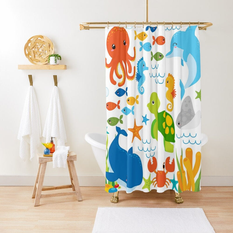 Sea Animals Kids Shower Curtain, Under The Sea Ocean Fish Whale Crab Turtle Sea Horse Girl Boy Siblings Baby Bathroom Bath Mat P201