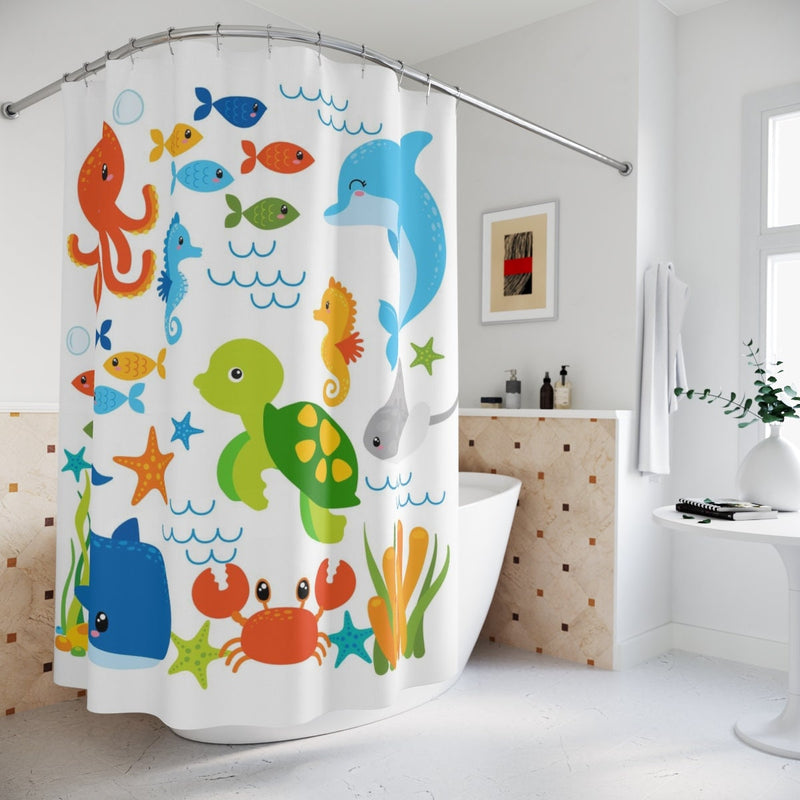 Sea Animals Kids Shower Curtain, Under The Sea Ocean Fish Whale Crab Turtle Sea Horse Girl Boy Siblings Baby Bathroom Bath Mat P201