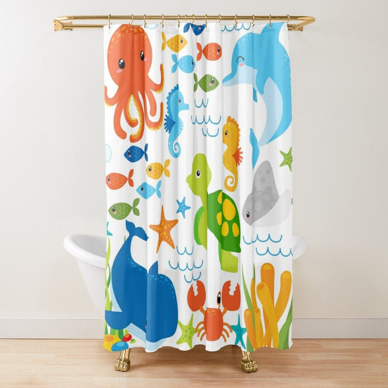 Sea Animals Kids Shower Curtain, Under The Sea Ocean Fish Whale Crab Turtle Sea Horse Girl Boy Siblings Baby Bathroom Bath Mat P201