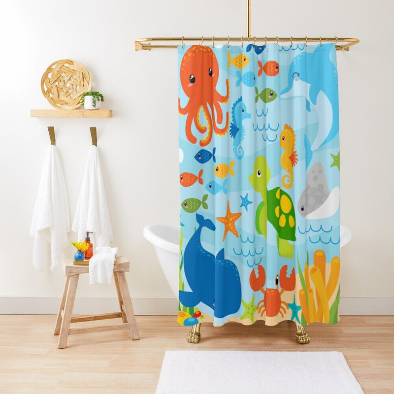 Sea Animals Kids Shower Curtain, Under The Sea Ocean Fish Whale Crab Turtle Sea Horse Girl Boy Siblings Baby Bathroom Bath Mat P202