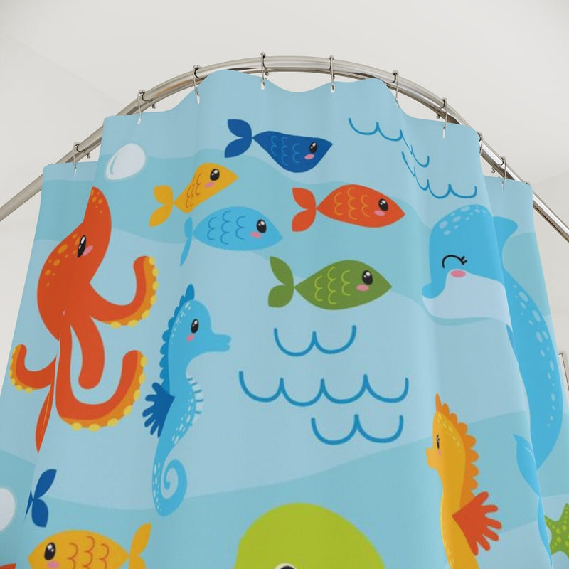 Sea Animals Kids Shower Curtain, Under The Sea Ocean Fish Whale Crab Turtle Sea Horse Girl Boy Siblings Baby Bathroom Bath Mat P202