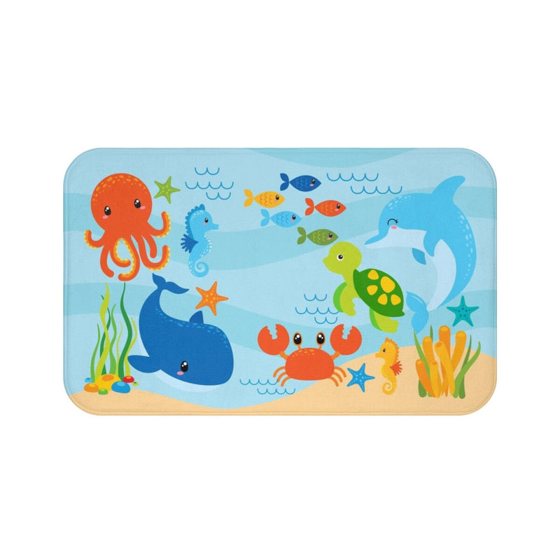 Sea Animals Kids Shower Curtain, Under The Sea Ocean Fish Whale Crab Turtle Sea Horse Girl Boy Siblings Baby Bathroom Bath Mat P202