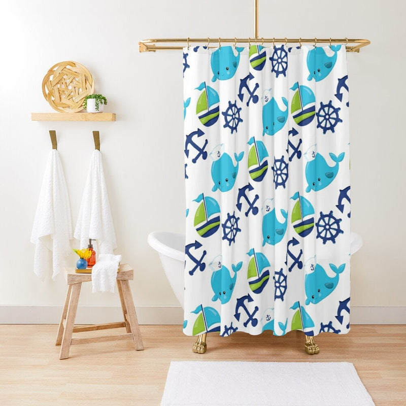 Nautical Kids Shower Curtain, Whale Boat Anchor Navy Green Shower Curtain Whale Bathroom Decor Nautical Boy Bathoom Decor Bath Mat S107