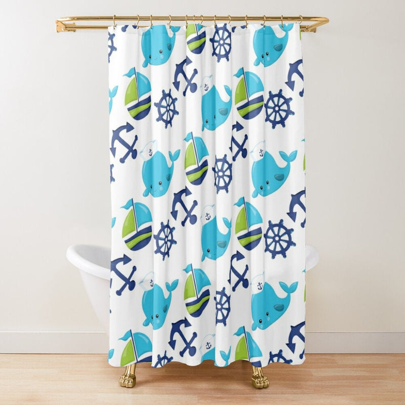 Nautical Kids Shower Curtain, Whale Boat Anchor Navy Green Shower Curtain Whale Bathroom Decor Nautical Boy Bathoom Decor Bath Mat S107