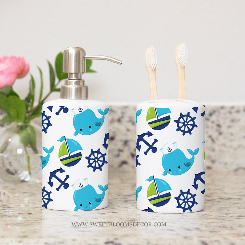 Nautical Kids Toothbrush Holder and Soap Dispenser Set,Whale Boat Anchor Navy Green Kids Brothers Bathroom Decor P201