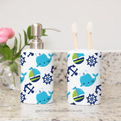 Nautical Kids Toothbrush Holder and Soap Dispenser Set,Whale Boat Anchor Navy Green Kids Brothers Bathroom Decor P201