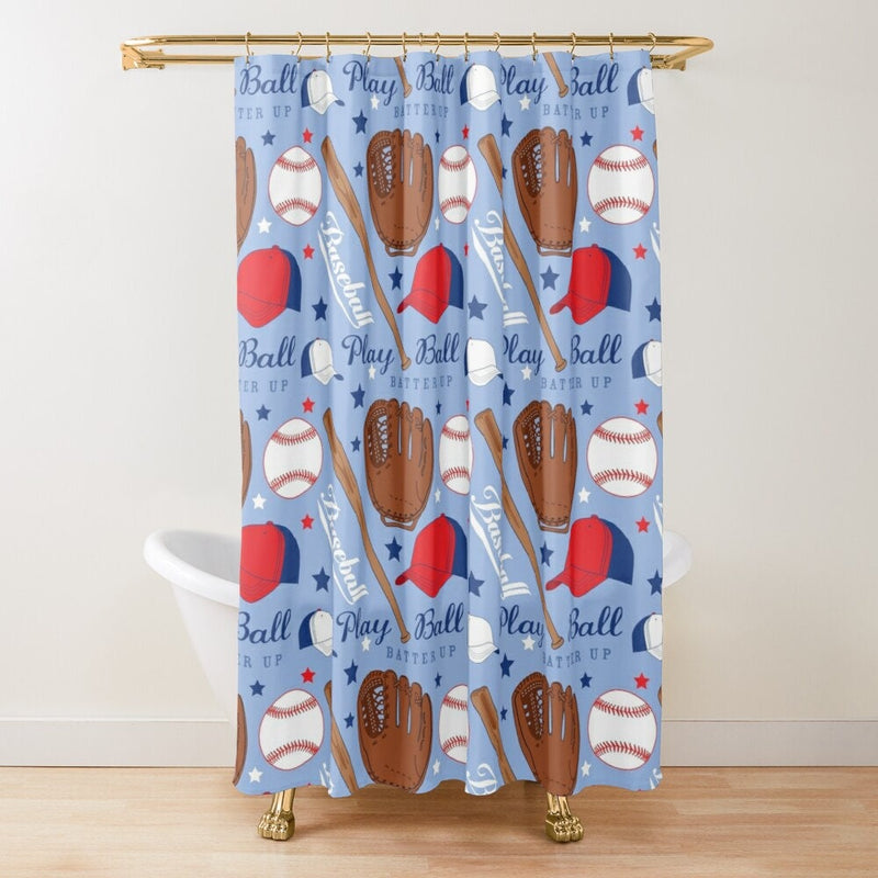 Baseball Kids Shower Curtain, Sports Shower Curtain, Navy Red Playball Baseball Bat Glove Boy Bathroom Kids Bathroom Bath Mat S203