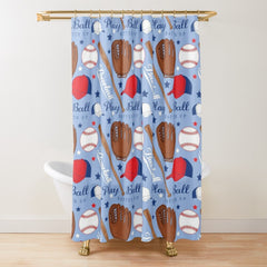 Baseball Kids Shower Curtain, Sports Shower Curtain, Navy Red Playball Baseball Bat Glove Boy Bathroom Kids Bathroom Bath Mat S203