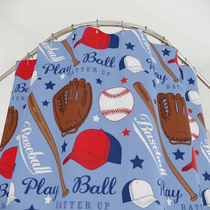 Baseball Kids Shower Curtain, Sports Shower Curtain, Navy Red Playball Baseball Bat Glove Boy Bathroom Kids Bathroom Bath Mat S203