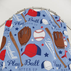 Baseball Kids Shower Curtain, Sports Shower Curtain, Navy Red Playball Baseball Bat Glove Boy Bathroom Kids Bathroom Bath Mat S203