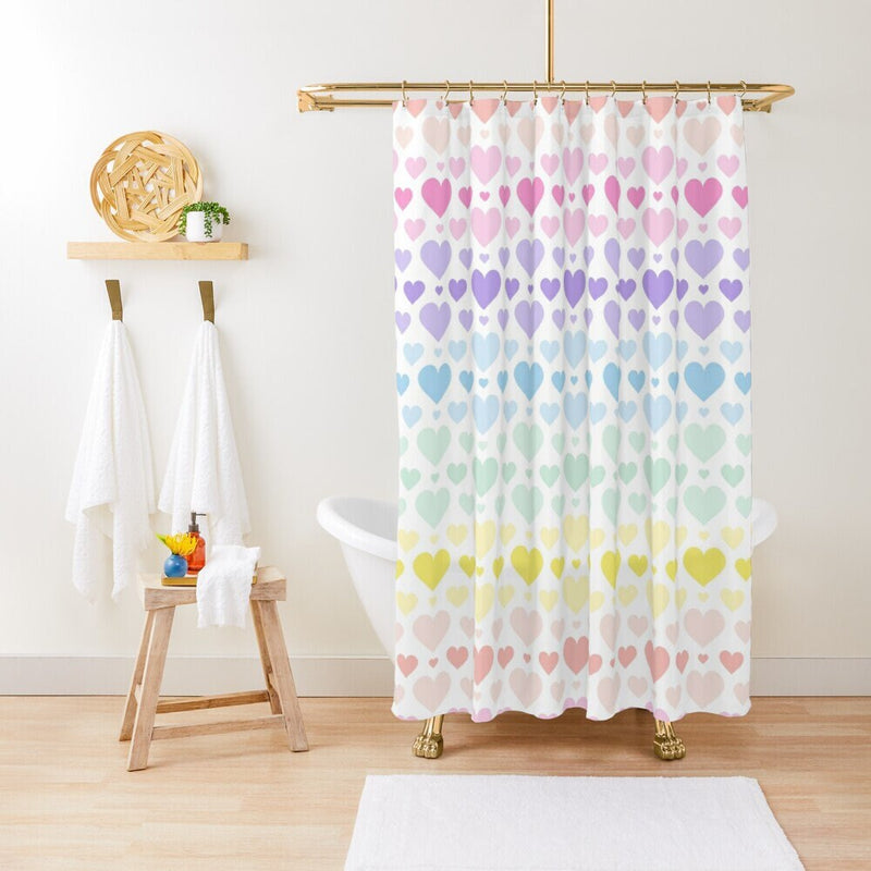 Rainbow Hearts Kids Shower Curtain Pastel Purple Pink Teal Blue Yellow Green Baby Girl Bathroom Decor Bath Mat S164