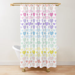 Rainbow Hearts Kids Shower Curtain Pastel Purple Pink Teal Blue Yellow Green Baby Girl Bathroom Decor Bath Mat S164