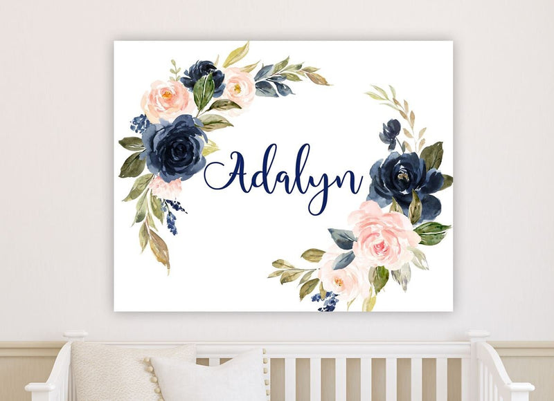 Navy Blush Pink Floral Girl Nursery Name Sign Wall Art Watercolor Flowers  Bedroom Decor Monogram Personalized Baby Shower Gift CANVAS