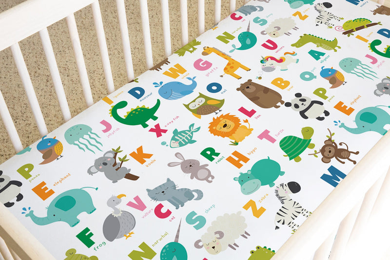 Animals Alphabet Baby Crib Sheet, Animals Crib Sheet, Girl Boy Neutral Baby Shower Gift Nursery C182