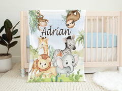 Safari Animals Baby Boy Name Blanket, Jungle Greenery Leaves Forest Personalized Blanket Newborn Baby Shower Gift  Crib Blanket B1572