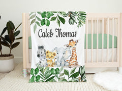 Safari Animals Baby Name Blanket, Jungle Zoo Animals Greenery Leaves Personalized Baby Boy Blanket, Newborn Baby Shower Gift  B1531