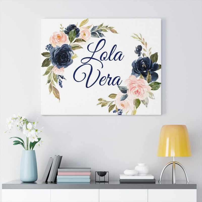 Navy Blush Pink Floral Girl Nursery Name Sign Wall Art Watercolor Flowers  Bedroom Decor Monogram Personalized Baby Shower Gift CANVAS