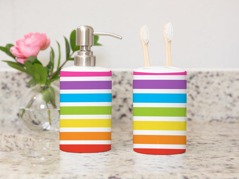 Rainbow Stripes Kids Ceramic Toothbrush Holder Soap Dispenser Set, Siblings Girl Boy Bathroom   -Sold As a Set P133