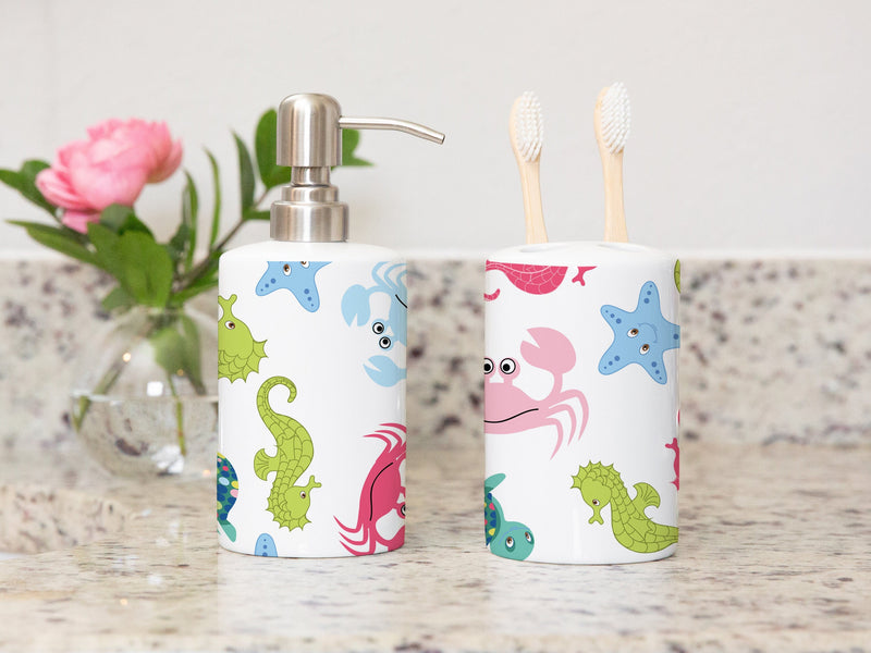 Sea Animals  Under The Sea Turtles Toothbrush Holder and Soap Dispenser Set, Fish Crab Turtle Sea Horse Kids Brothers Bathroom Decor P130