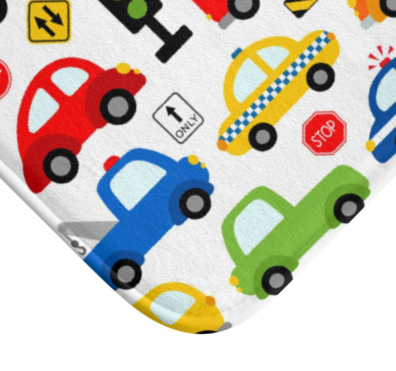 Transportation Kids Shower Curtain, Cars Trucks Traffic Signs Construction Bathroom Decor Siblings Brothers Bath Mat Bath Accessories S192