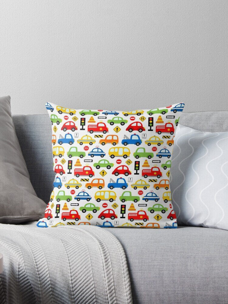 Transportation Kids Throw Pillow, Cars Trucks Construction Nursery Decor,Kids Bedroom Pillow, Baby Shower Gift Kids Decorative Pillow