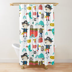 Pirates Kids Shower Curtain, Pirate Ship Treasure Parot  Shower Bathroom  Bath Mat Brothers Siblings Bathroom S200