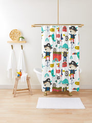 Pirates Kids Shower Curtain, Pirate Ship Treasure Parot  Shower Bathroom  Bath Mat Brothers Siblings Bathroom S200