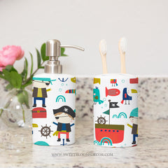 Pirates Toothbrush Holder and Soap Dispenser, Ceramic Bath Set Kids Bathroom Decor S200