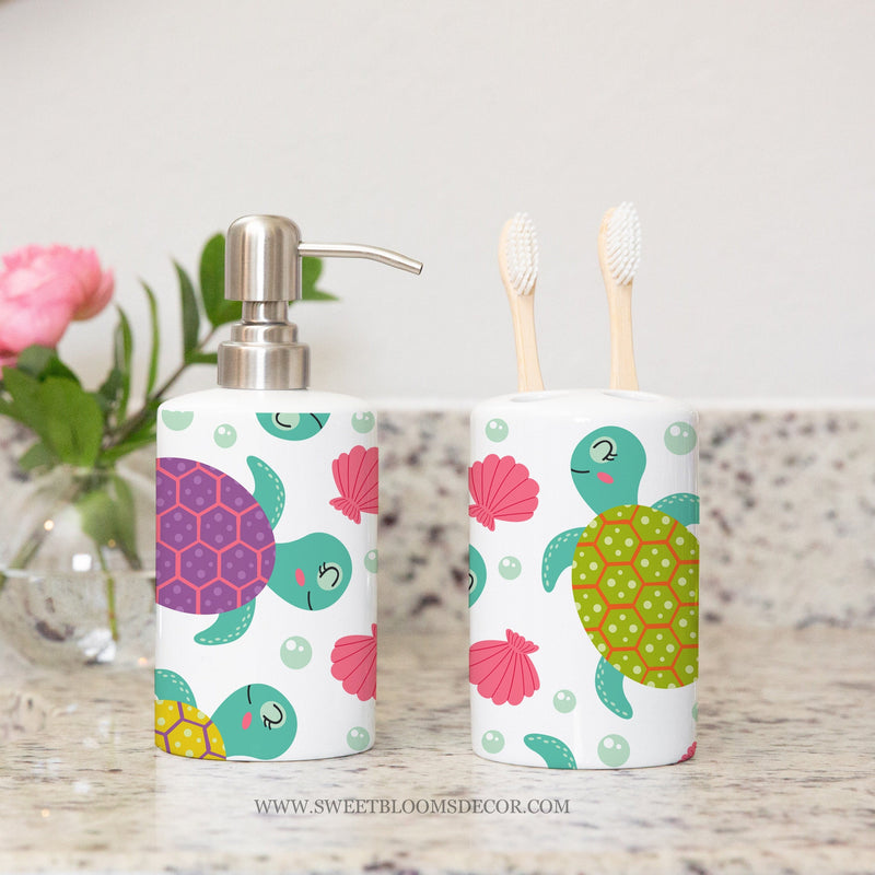 Turtles Toothbrush Holder and Soap Dispenser, Ceramic Bath Set Kids Bathroom Decor S200