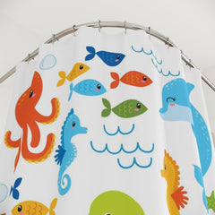 Sea Animals Kids Shower Curtain, Under The Sea Ocean Fish Whale Crab Turtle Sea Horse Girl Boy Siblings Baby Bathroom Bath Mat P201