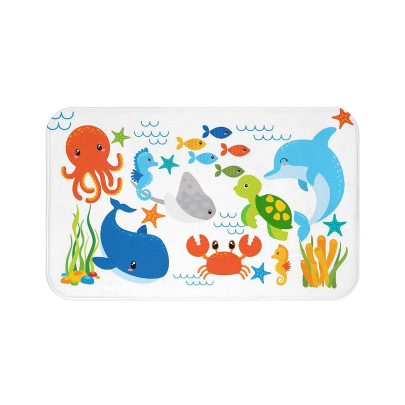 Sea Animals Kids Shower Curtain, Under The Sea Ocean Fish Whale Crab Turtle Sea Horse Girl Boy Siblings Baby Bathroom Bath Mat P201