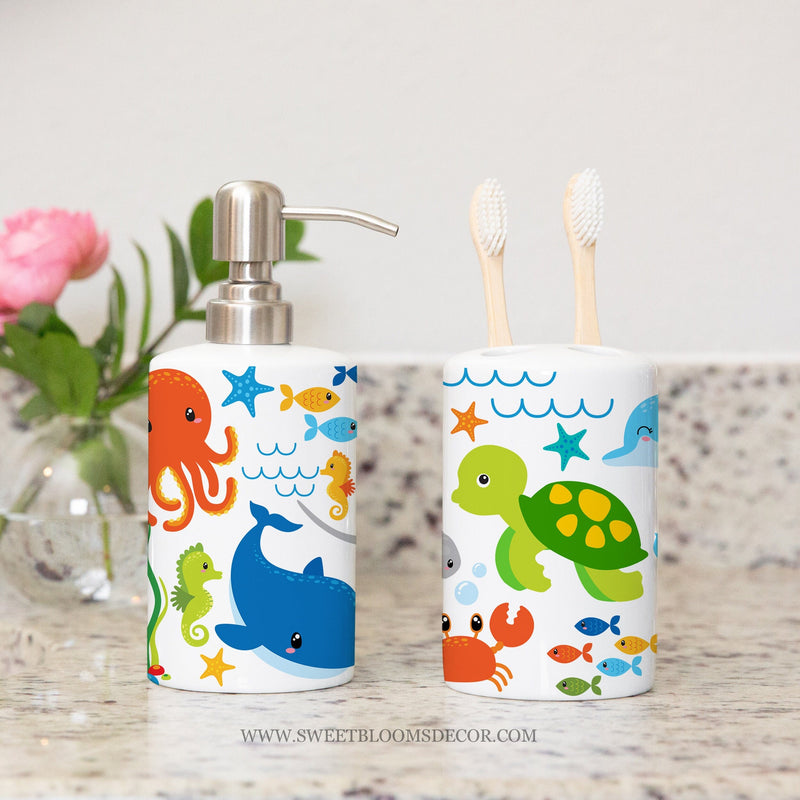 Sea Animals  Under The Sea Turtles Toothbrush Holder and Soap Dispenser Set, Fish Crab Turtle Sea Horse Kids Brothers Bathroom Decor P201