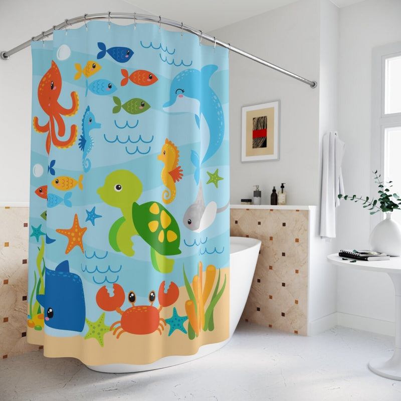 Sea Animals Kids Shower Curtain, Under The Sea Ocean Fish Whale Crab Turtle Sea Horse Girl Boy Siblings Baby Bathroom Bath Mat P202