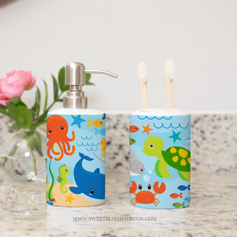 Sea Animals  Under The Sea Turtles Toothbrush Holder and Soap Dispenser Set, Fish Crab Turtle Sea Horse Kids Brothers Bathroom Decor P202