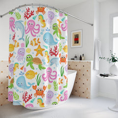 Sea Animals Kids Shower Curtain Ocean Under The Sea Girl Boy Siblings Baby Shower Curtain Bath Mat Whale Octopus Turtle Crab S168