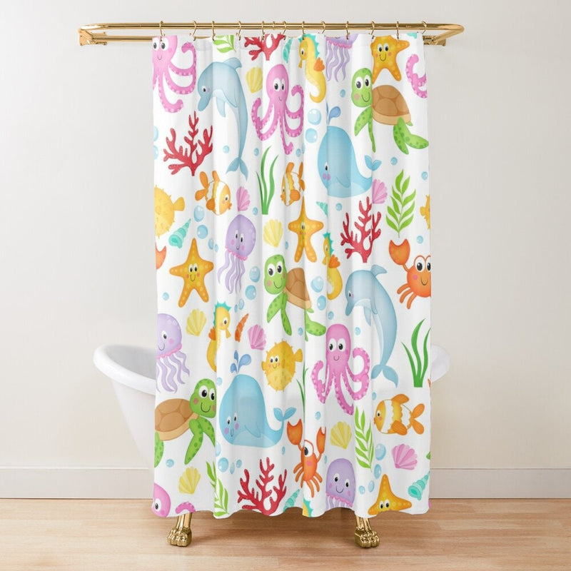 Sea Animals Kids Shower Curtain Ocean Under The Sea Girl Boy Siblings Baby Shower Curtain Bath Mat Whale Octopus Turtle Crab S168