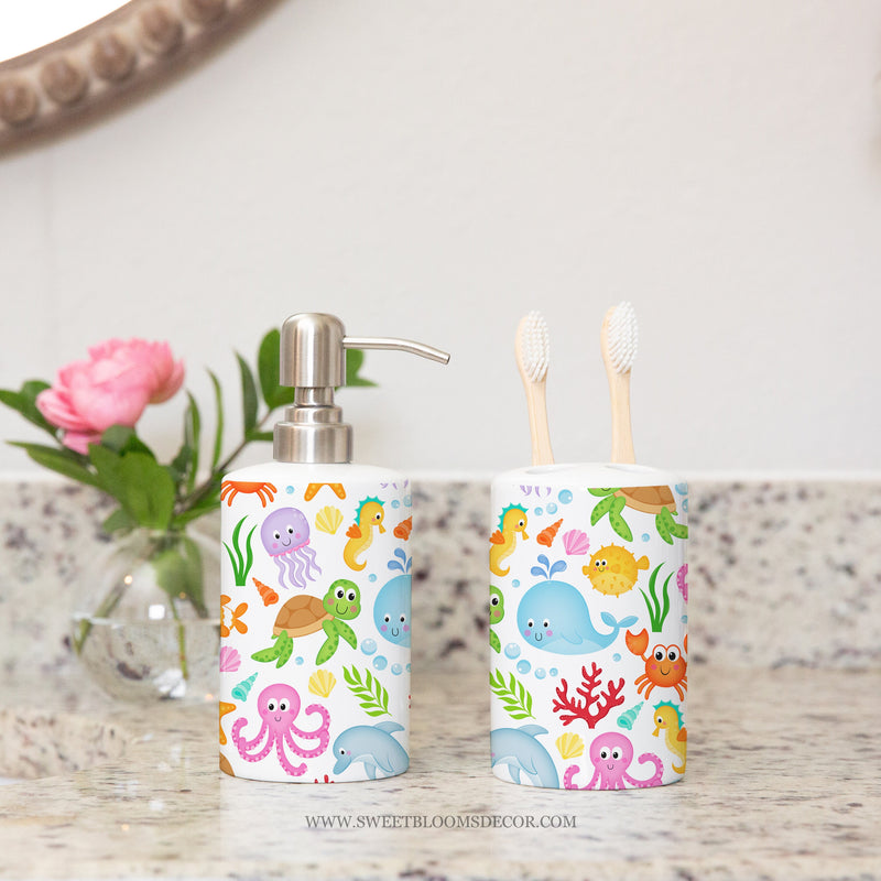 Sea Animals  Under The Sea Turtles Toothbrush Holder and Soap Dispenser Set, Fish Crab Turtle Sea Horse Kids Brothers Bathroom Decor P168